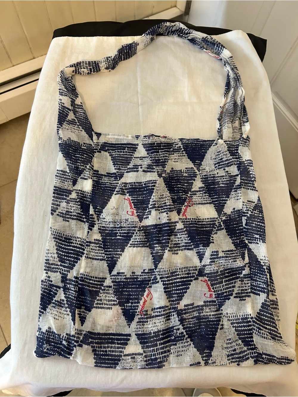 Free People Navy Blue Geometric Pattern Cotton Muslin Reusable Tote Bag